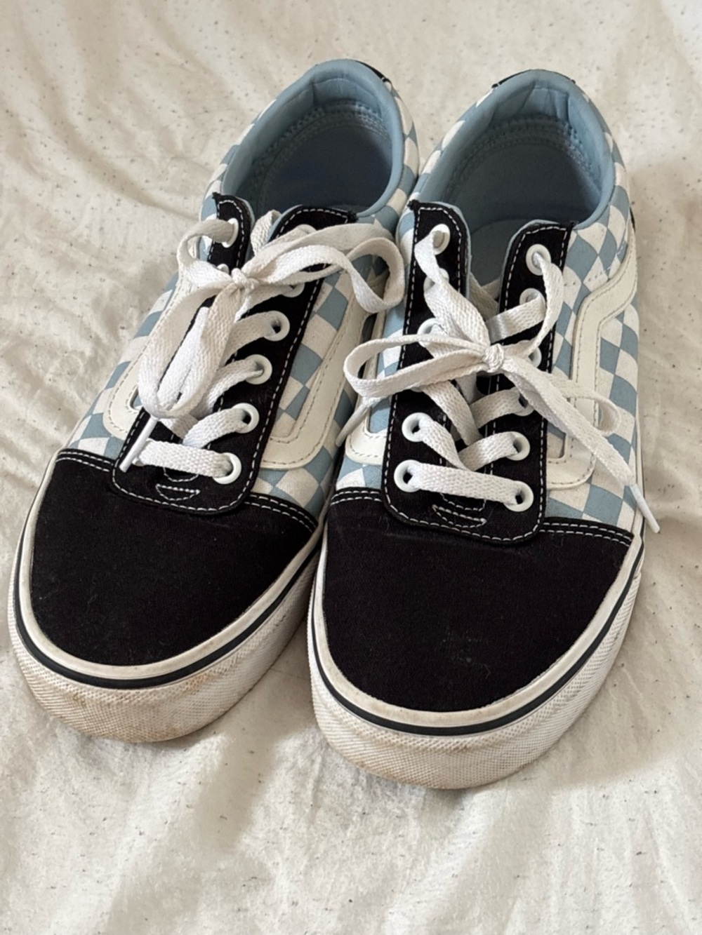 Vans Checkerboard Lace-Up Sneakers in Light Blue, Black & White
